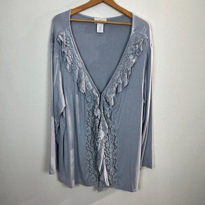 Midnight Velvet Cardigan Top 3X Gray Lace Ruffle Knit V-Neck Long Sleeve Womens